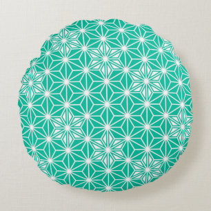Japanese Asanoha pattern - peacock blue Round Pillow