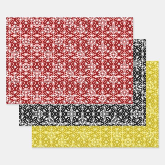 Japanese Asanoha pattern, Red, Black/White, Gold  Wrapping Paper Sheets (Set)