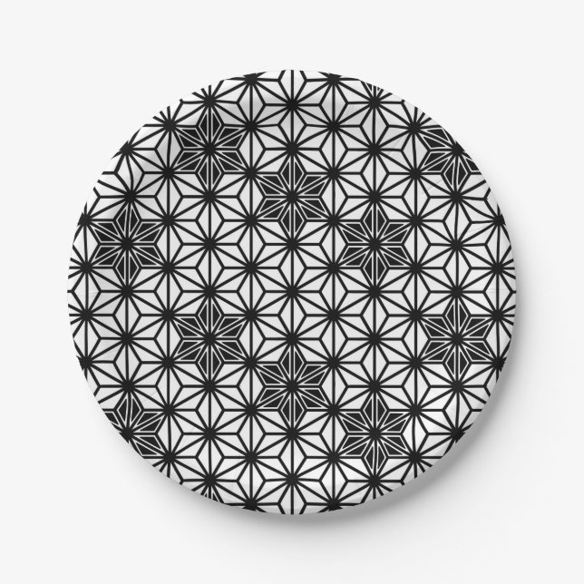 Japanese Asanoha pattern - white and black Paper Plates (Front)