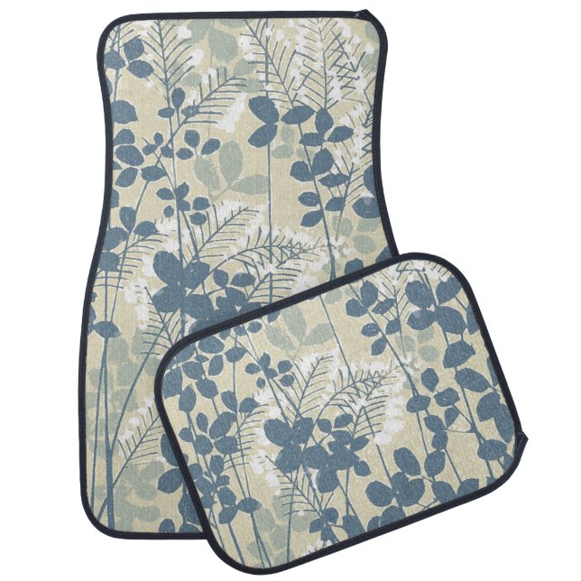Japanese Asian Blue Leaf Flower Car Floor Mat (Set)