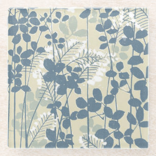 Japanese Asian Blue Leaf Flower Glass Coaster