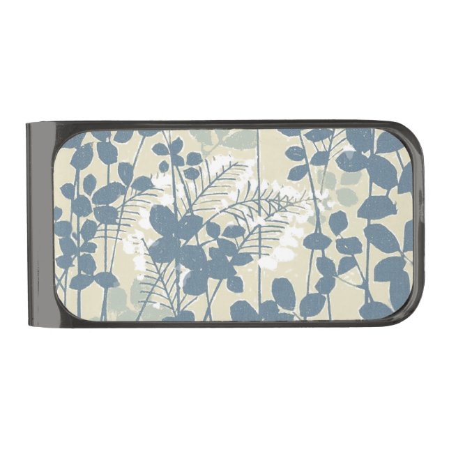 Japanese Asian Blue Leaf Flower Gunmetal Finish Money Clip (Front)