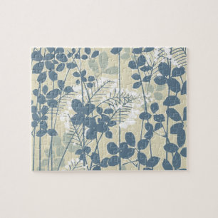 Japanese Asian Blue Leaf Flower Jigsaw Puzzle