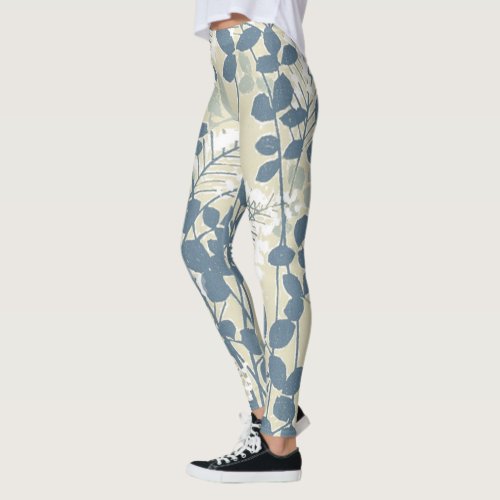 Japanese Asian Blue Leaf Flower Leggings