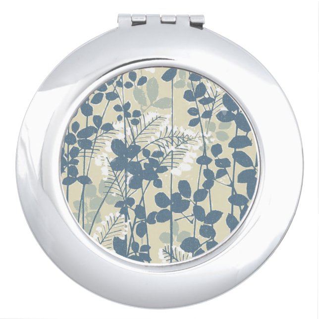 Japanese Asian Blue Leaf Flower Makeup Mirror (Front)