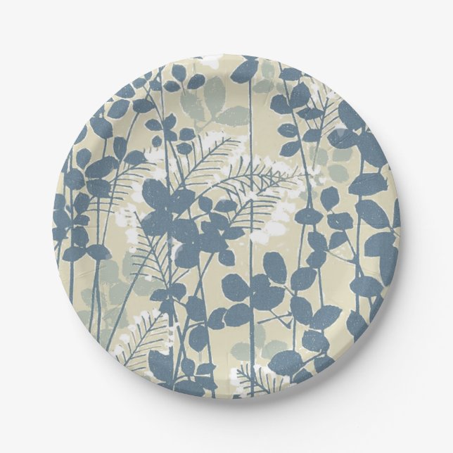Japanese Asian Blue Leaf Flower Paper Plates (Front)
