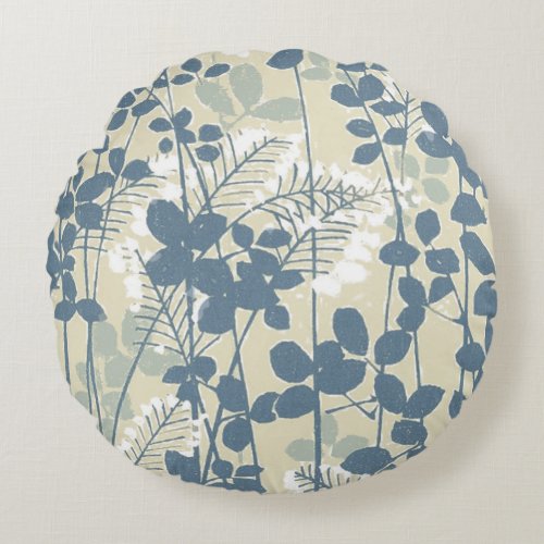 Japanese Asian Blue Leaf Flower Round Pillow