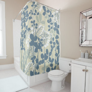 Japanese Asian Blue Leaf Flower Shower Curtain