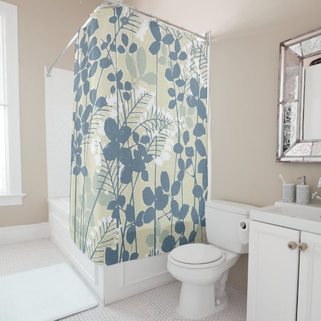 Japanese Asian Blue Leaf Flower Shower Curtain (In Situ)