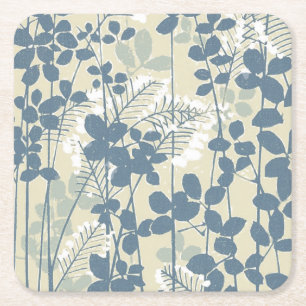 Japanese Asian Blue Leaf Flower Square Paper Coaster