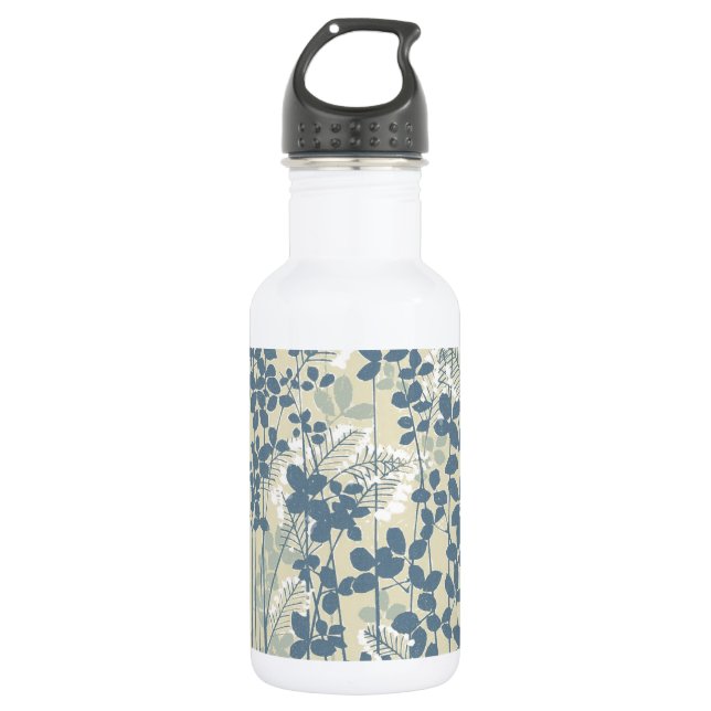 Japanese Asian Blue Leaf Flower Stainless Steel Water Bottle (Front)
