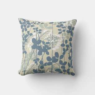 Japanese Asian Blue Leaf Flower Throw Pillow