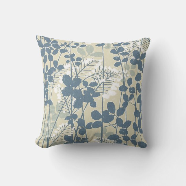 Japanese Asian Blue Leaf Flower Throw Pillow (Front)