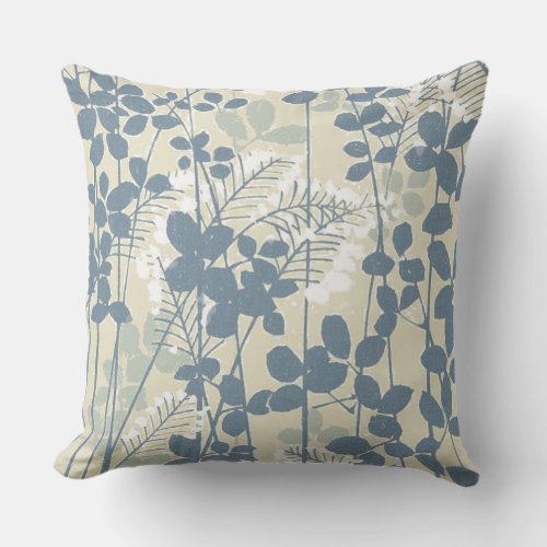 Japanese Asian Blue Leaf Flower Throw Pillow