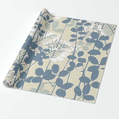 Japanese Asian Blue Leaf Flower Wrapping Paper