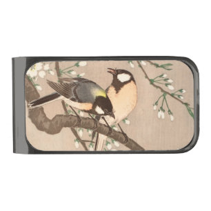 Japanese Asian Koson Bird Chickadee Songbird Gunmetal Finish Money Clip