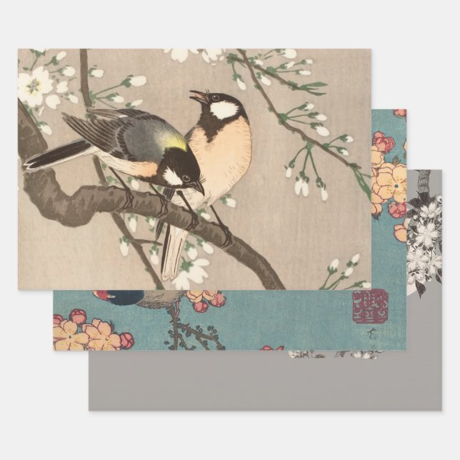 Japanese Asian Koson Bird Chickadee Songbird Wrapping Paper Sheets (Set)