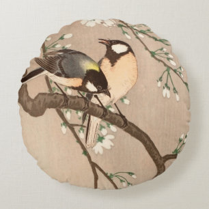Japanese Asian Ohara Koson Bird Chickadee Songbird Round Pillow