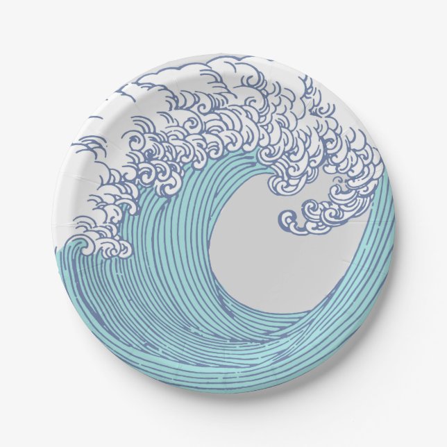 Japanese Asian Surf Wave Art Ocean Art Paper Plates (Front)