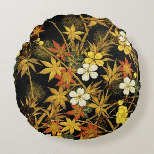 Japanese Autumn Leaves Antique Botanical Round Pillow