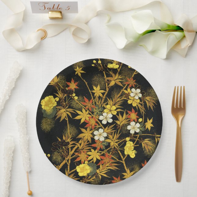 Japanese Autumn Leaves Antique Rich Classic Art Paper Plates (Wedding)