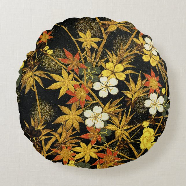 Japanese Autumn Leaves Antique Rich Classic Art Round Pillow (Front)