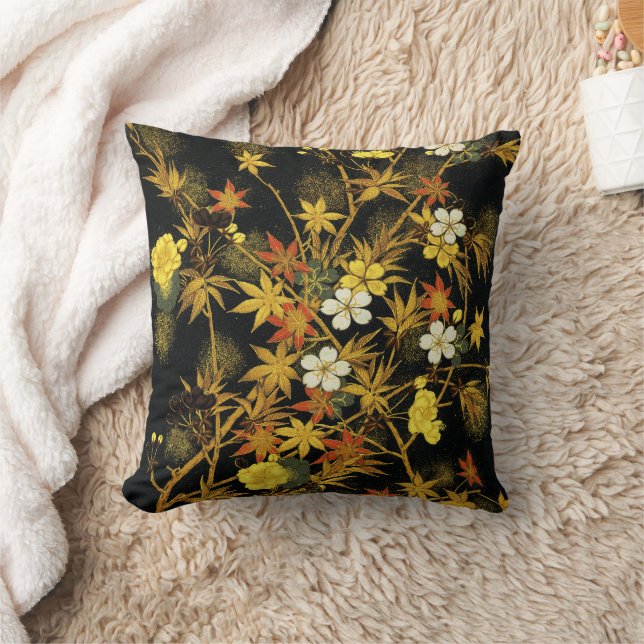 Japanese Autumn Leaves Antique Rich Classic Art Throw Pillow (Blanket)