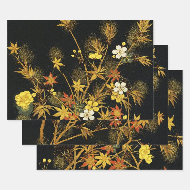 Japanese Autumn Leaves Antique Rich Classic Art Wrapping Paper Sheets (Set)