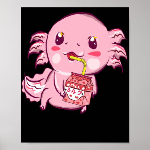 Japanese Axolotl Strawberry Milk Kawaii Poster