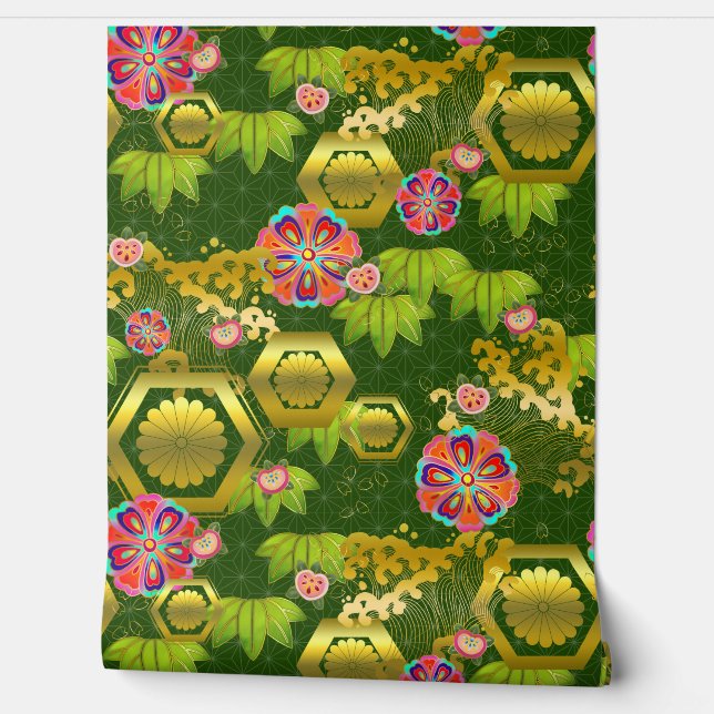 Japanese bamboo and mums on green wallpaper  (Unrolling)