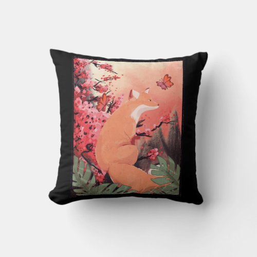 Japanese Beautiful Fox Butterfly Throw Pillow