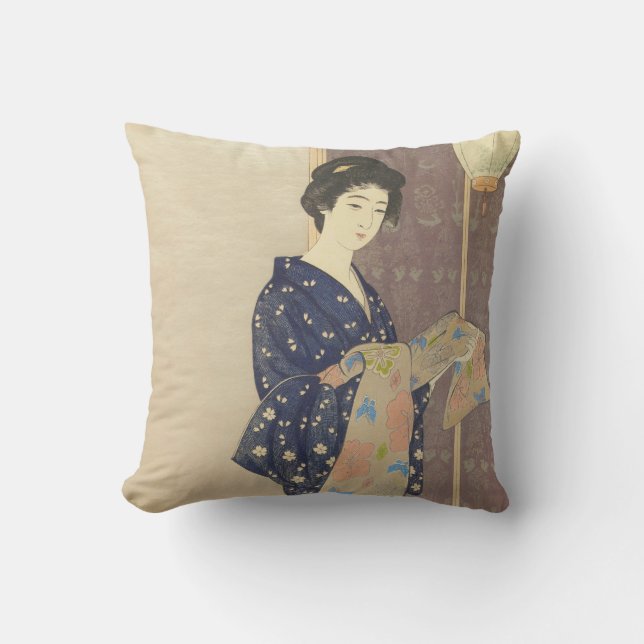 Japanese Beauty in Summer Kimono Throw Pillow (Front)