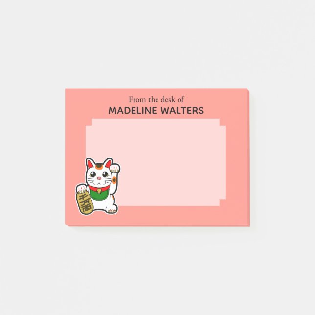Japanese Beckoning Cat Pink Personalized Post-it Notes (Front)