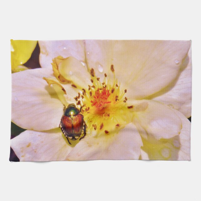 Japanese Beetle on White  Rose Kitchen Towel (Horizontal)
