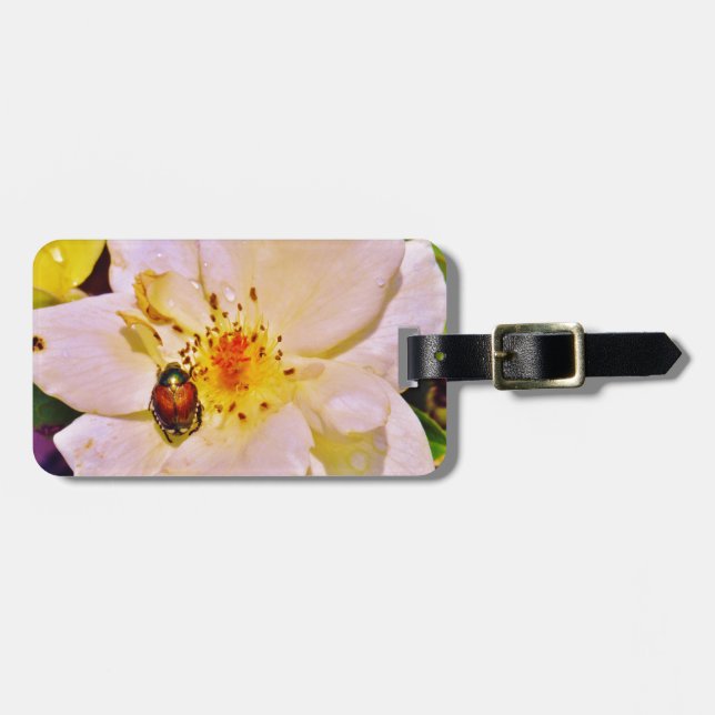 Japanese Beetle on White  Rose Luggage Tag (Front Horizontal)