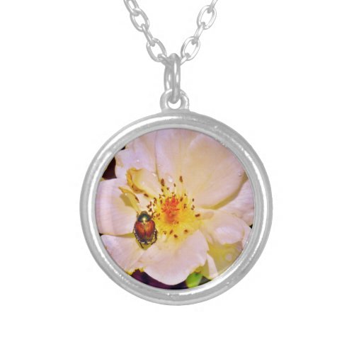 Japanese Beetle on White  Rose Silver Plated Necklace