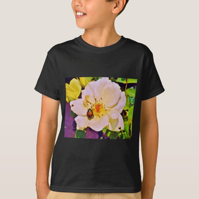 Japanese Beetle on White  Rose T-Shirt (Front)