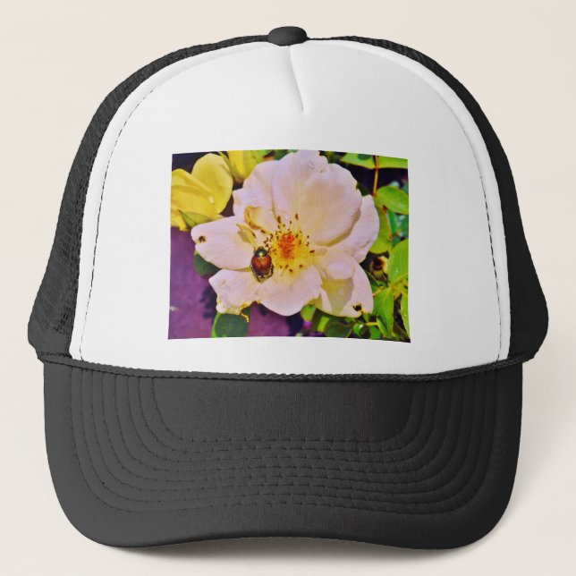 Japanese Beetle on White  Rose Trucker Hat (Front)