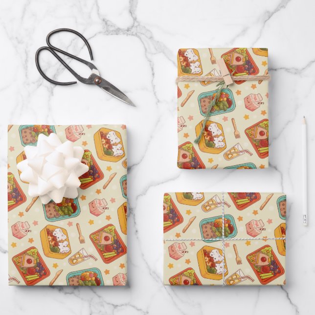 Japanese Bento Box & Bento Snack Pattern Wrapping Paper Sheets (Front)