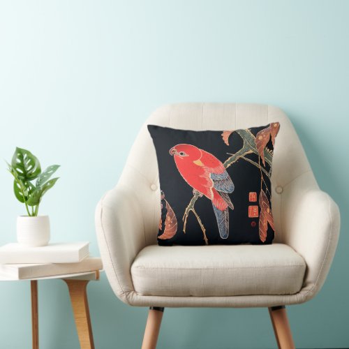 Japanese bird at night with plants Throw Pillow