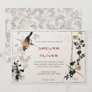 Japanese Bird Branches Vintage Leaves Invitation