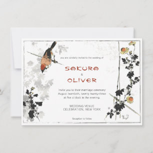 Japanese Bird Branches Vintage Leaves Invitation