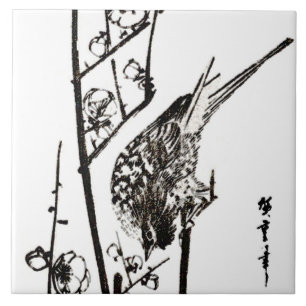 Japanese Bird on a Branch - Black and White Ceramic Tile