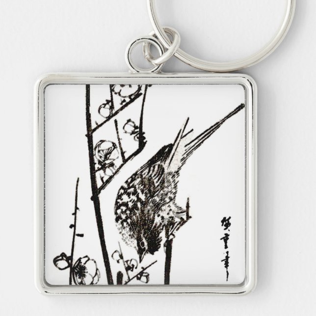 Japanese Bird on a Branch - Black and White Keychain (Front)