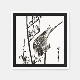 Japanese Bird on a Branch - Black and White Paper Napkins