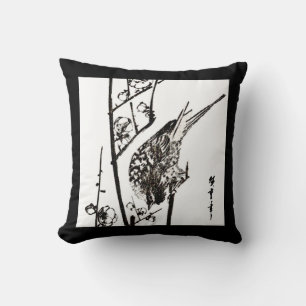Japanese Bird on a Branch - Black and White Throw Pillow