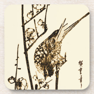 Japanese Bird on a Branch - Brown and Beige Beverage Coaster