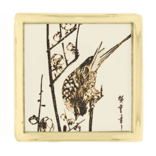 Japanese Bird on a Branch - Brown and Beige Gold Finish Lapel Pin