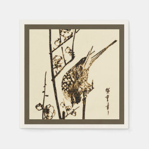 Japanese Bird on a Branch - Brown and Beige Napkins