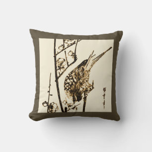 Japanese Bird on a Branch - Brown and Beige Throw Pillow